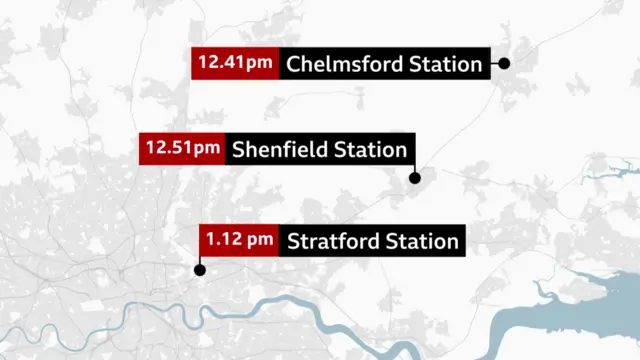 A graphic marking three train stations on a map of the UK with a timecode attached to each