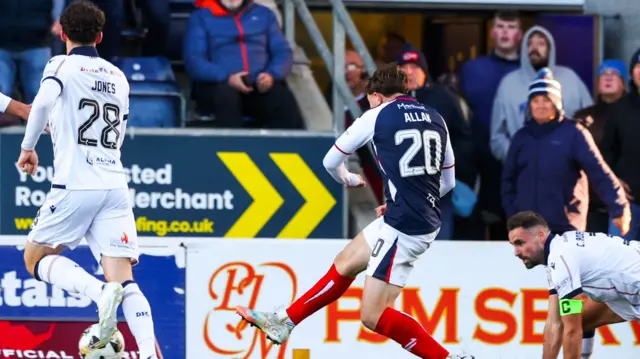 Connor Allan scores for Falkirk against Dundee