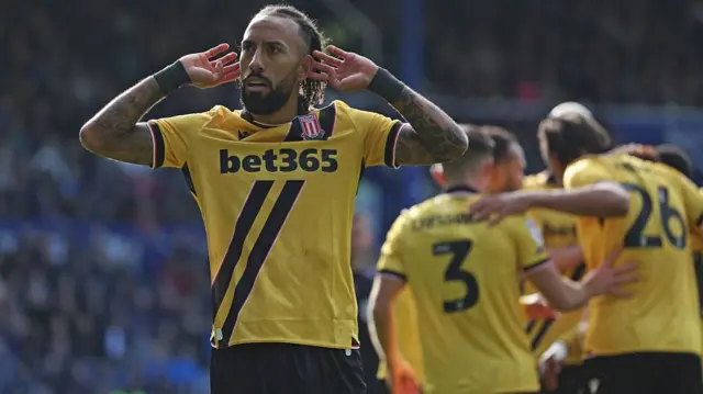 Stoke forward Sorba Thomas celebrates