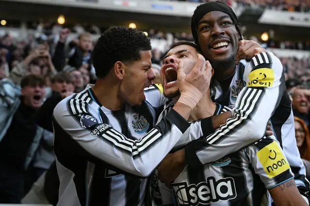 Bruno Guimaraes of Newcastle United (39) celebrates with teammates