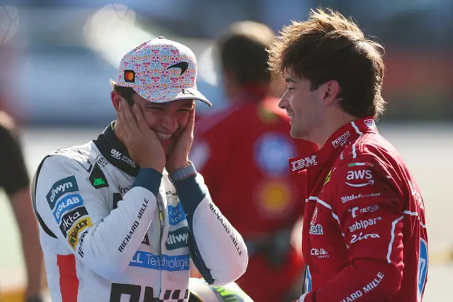 Race winner Lando Norris of Great Britain and McLaren and Second placed Charles Leclerc of Monaco