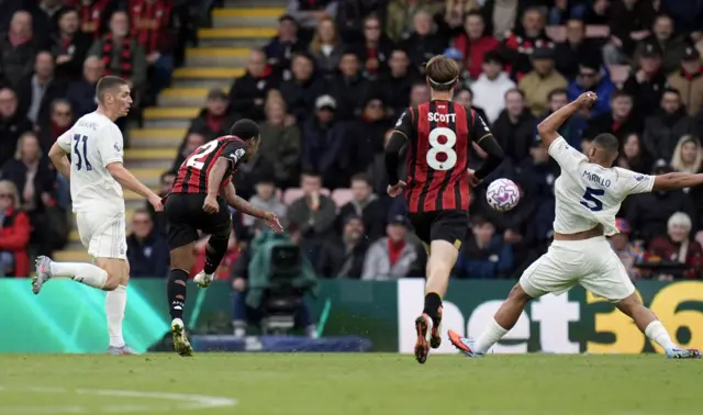 Bournemouth's Eli Junior Kroupi scores their side's second goal of the game during the Premier League match at the Vitality Stadium, Bournemouth.