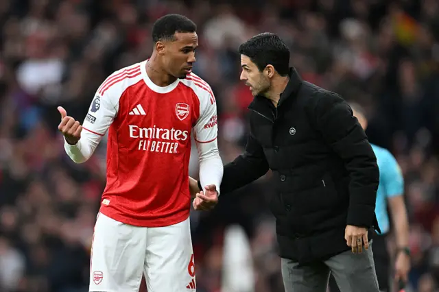Gabriel and Mikel Arteta at the Emirates Stadium