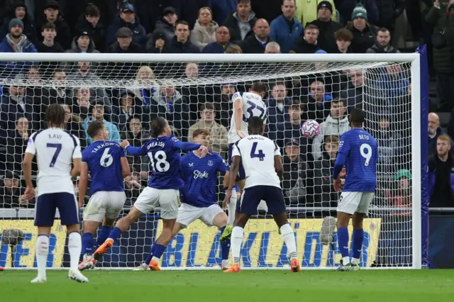 Micky van de Ven scores for Spurs against Everton at the Hill Dickinson Stadium.
