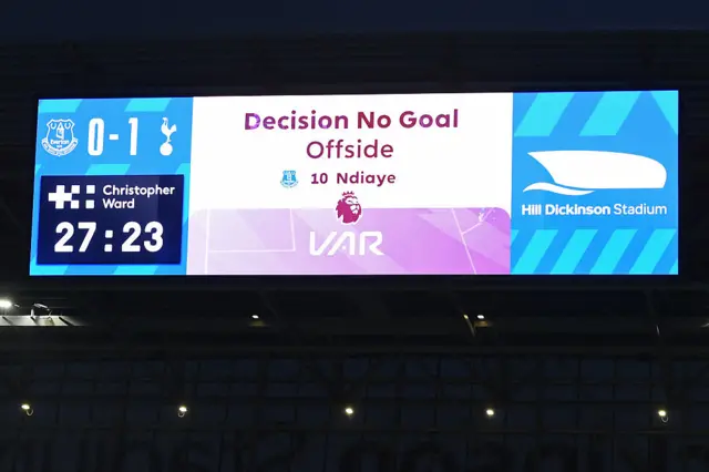 The big screen displays the news that after a VAR (Video Assistant Referee) review an Everton goal is disallowed during the English Premier League football match between Everton and Tottenham Hotspur at Hill Dickinson Stadium in Liverpool, north west England on October 26, 2025.