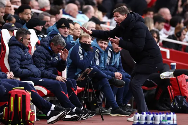 Oliver Glasner reacts at the Emirates Stadium.
