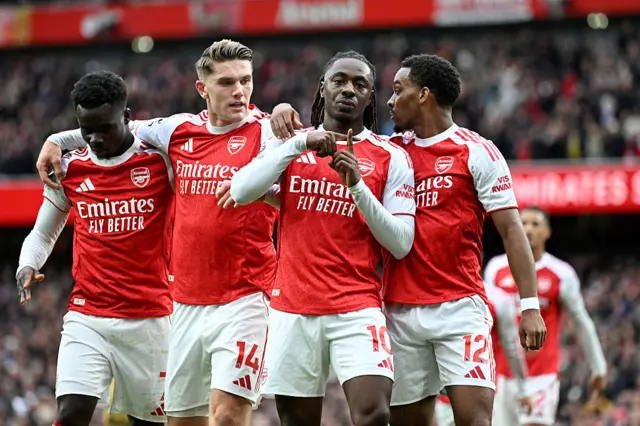 Eberechi Eze celebrates after scoring against Crystal Palace at the Emirates Stadium.