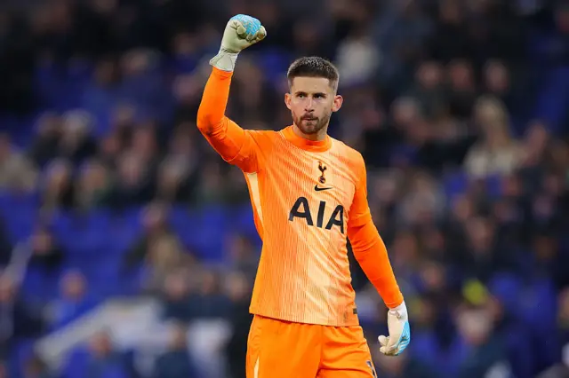 Guglielmo Vicario of Tottenham Hotspur celebrates their side's second goal during the Premier League match between Everton and Tottenham Hotspur at Hill Dickinson Stadium on October 26, 2025 in Liverpool, England.