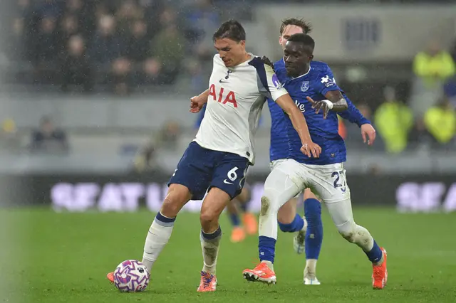 Tottenham Hotspur's Portugese midfielder #06 Joao Palhinha (L) vies with Everton's Senegalese midfielder #27 Idrissa Gueye (R) during the English Premier League football match between Everton and Tottenham Hotspur at Hill Dickinson Stadium in Liverpool, north west England on October 26, 2025.