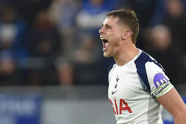 Tottenham Hotspur's Dutch defender #37 Micky van de Ven celebrates scoring their second goal during the English Premier League football match between Everton and Tottenham Hotspur at Hill Dickinson Stadium in Liverpool, north west England on October 26, 2025.
