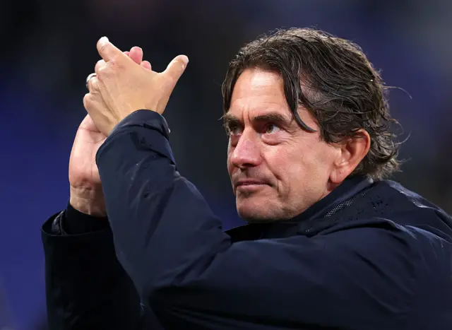 Thomas Frank, Manager of Tottenham Hotspur reacts after the Premier League match between Everton and Tottenham Hotspur at Hill Dickinson Stadium on October 26, 2025 in Liverpool, England.