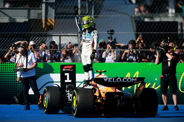 Lando Norris celebrating after winning the Mexico City Grand Prix
