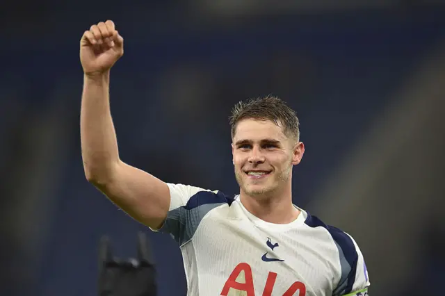 Tottenham Hotspur's Dutch defender #37 Micky van de Ven celebrates their win on the pitch after the English Premier League football match between Everton and Tottenham Hotspur at Hill Dickinson Stadium in Liverpool, north west England on October 26, 2025. Spurs won the game 3-0.