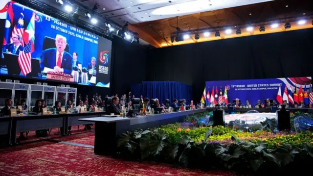 A wide shot of Donald Trump on screen at the summit