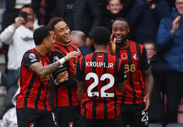 AFC Bournemouth's Eli Junior Kroupi celebrates scoring their second goal with teammates