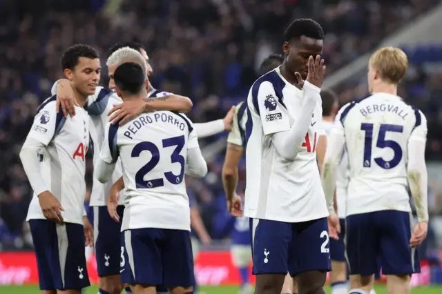 Liverpool, Britain - October 26, 2025 Tottenham Hotspur's Pape Matar Sarr celebrates scoring their third goal.