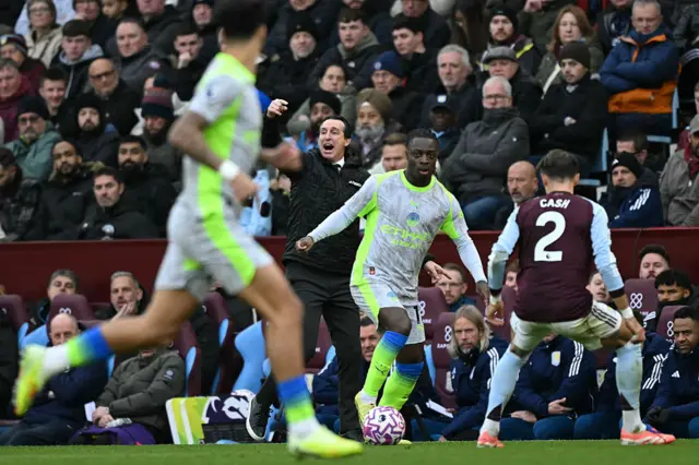 Jeremy Doku against Matty Cash at Villa Park