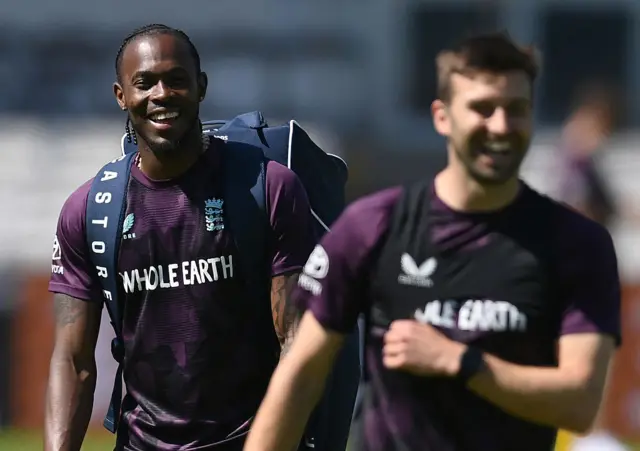 Jofra Archer and Mark Wood smiling