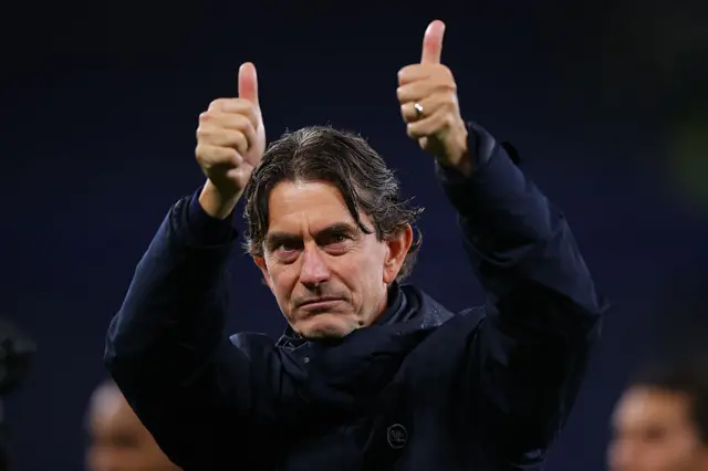 Thomas Frank, head coach of Tottenham Hotspur, celebrates after the Premier League match between Everton and Tottenham Hotspur at Hill Dickinson Stadium on October 26, 2025 in Liverpool, England.