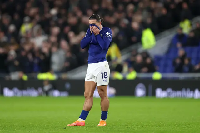 Jack Grealish of Everton looks dejected following the Premier League match between Everton and Tottenham Hotspur at Hill Dickinson Stadium on October 26, 2025 in Liverpool, England.