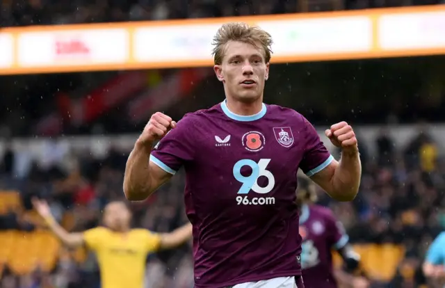 Zian Flemming celebrates after making it 1-0 to Burnley against Wolves at Molineux.