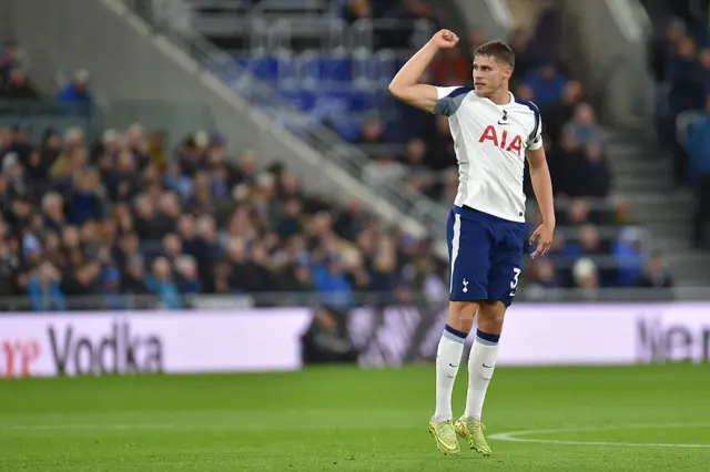 Micky van de Ven celebrates after making it 1-0 to Tottenham against Everton at the Hill Dickinson Stadium.