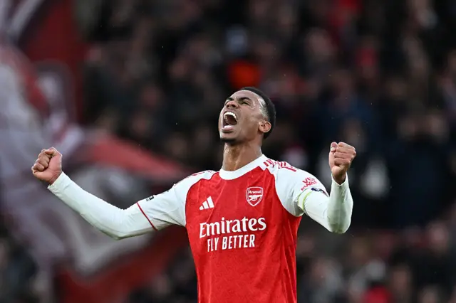 Gabriel celebrates at the Emirates Stadium