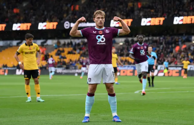 Zian Flemming celebrates after making it 1-0 to Burnley against Wolves at Molineux.