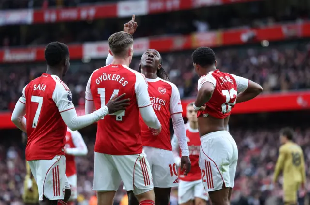Eberechi Eze celebrates after making it 1-0 to Arsenal against Crystal Palace at the Emirates Stadium.