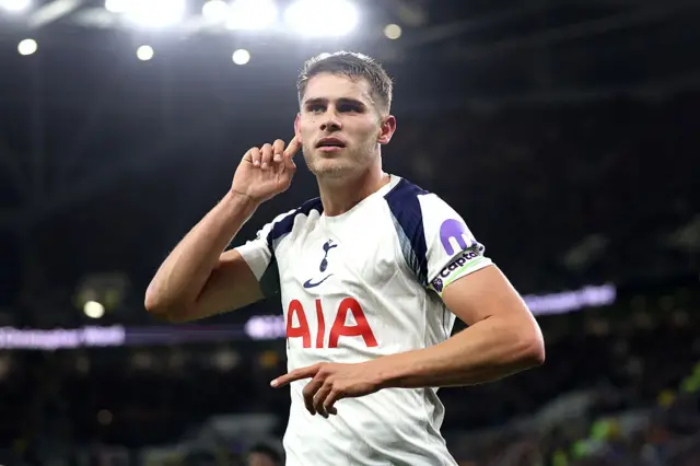 Micky van de Ven of Tottenham Hotspur celebrates scoring his team's second goal during the Premier League match between Everton and Tottenham Hotspur at Hill Dickinson Stadium on October 26, 2025 in Liverpool, England.