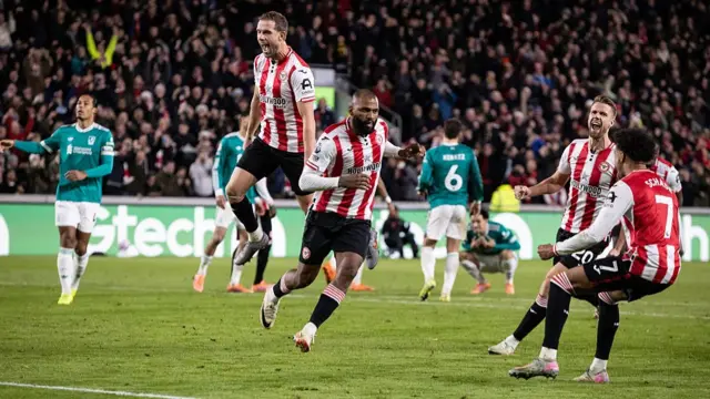 Brentford celebrate scoring against Liverpool