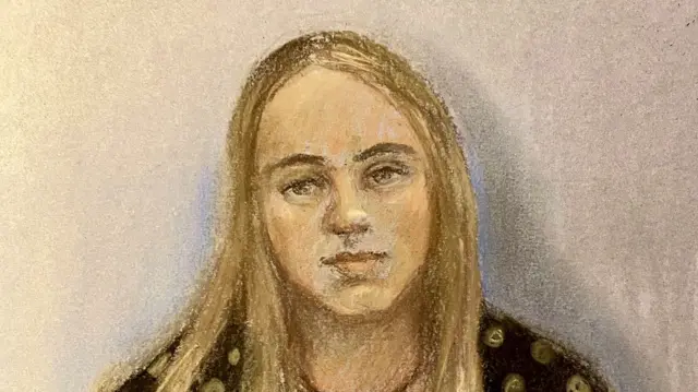 A court sketch of Amelie McCann