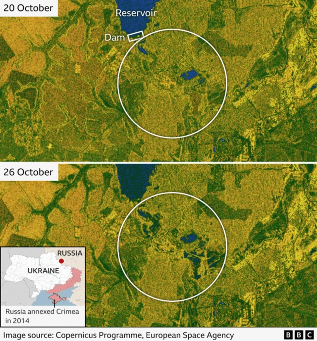 Satellite images captured on 20 and 26 October showing flooding south of Russian reservoir dam in Belgorod region
