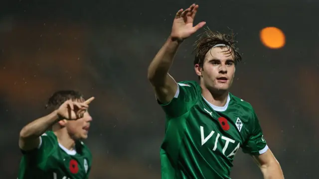 Nathan Lowe celebrates scoring for Stockport County at Port Vale