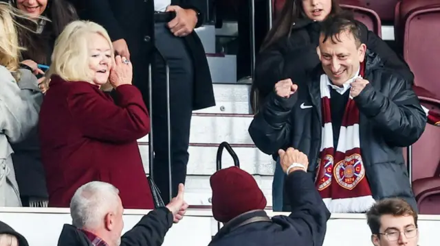 Hearts' Ann Budge celebrates with Tony Bloom