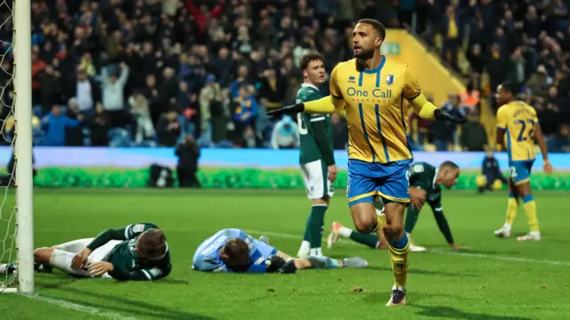 Mansfield Town's Jordan Bowery celebrates scoring against Plymouth Argyle