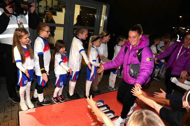 Ella Toone of England interacts with fans as she arrives at the stadium prior to the Women's International Friendly match between England and Australia at Pride Park on October 28, 2025 in Derby, England.