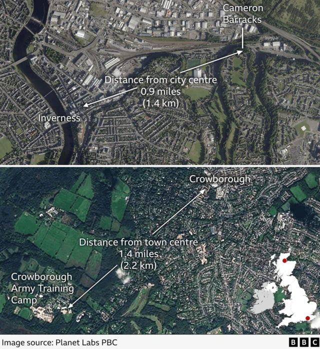 Satellite images of the areas of Inverness and Crowborough. Cameron Barracks is marked as being 0.9 miles (1.4km) from Inverness. Crowborough Army Training Camp is 1.4 miles (2.2km) from Crowborough centre