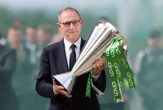Celtic manager Martin O'Neill  with the 2023 Premiership trophy