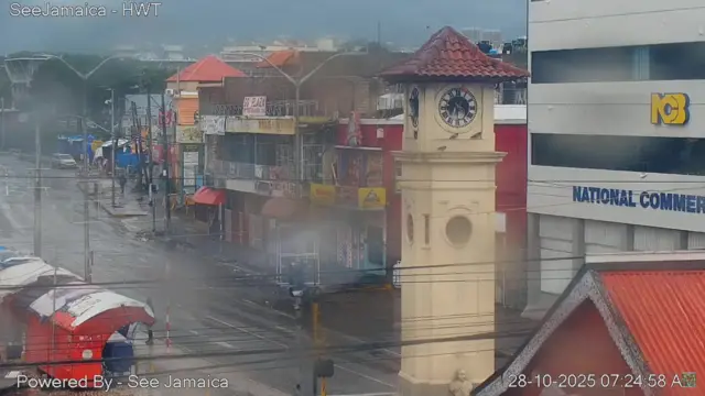 Clock tower and street scene in Kingston, Jamaica