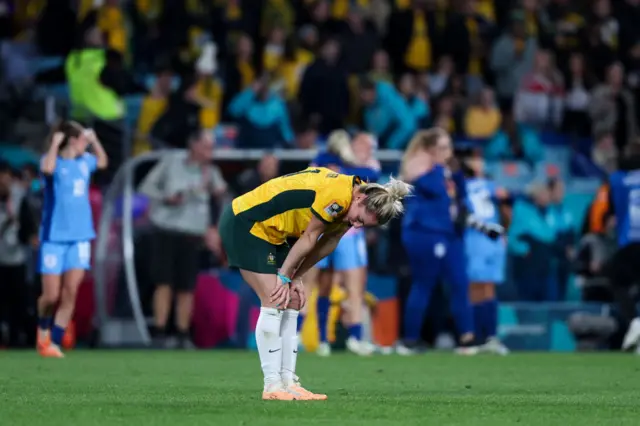 Steph Catley reacts to the full time whistle in Sydney