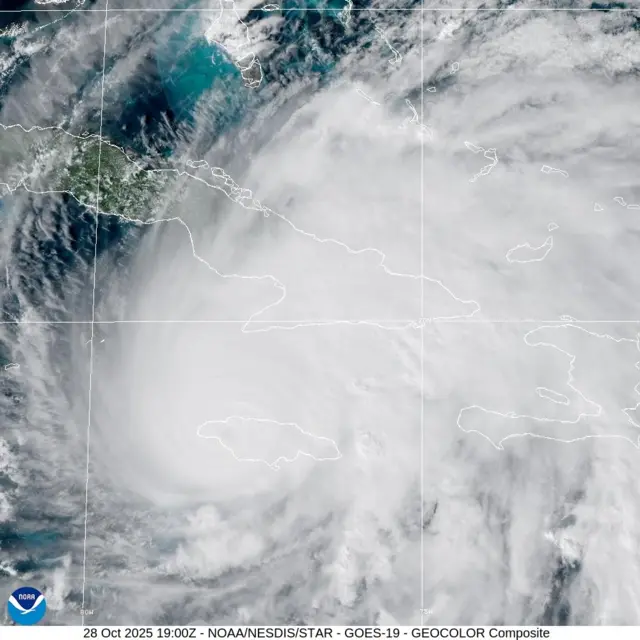 A satellite map showing Jamaica and Hurricane Melissa