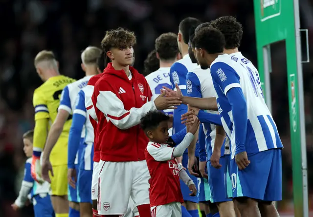 Max Dowman of Arsenal shakes hands with Georginio Rutter of Brighton & Hove Albion prior to the Carabao Cup Fourth Round match between Arsenal and Brighton & Hove Albion at Emirates Stadium on October 29, 2025 in London, England.