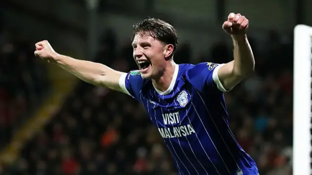 Will Fish celebrates scoring his first goal for Cardiff