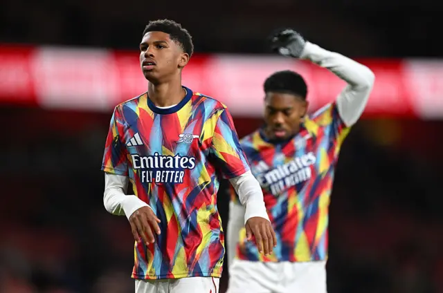 Andre Harriman-Annous of Arsenal looks on as he warms up prior to the Carabao Cup Fourth Round match between Arsenal and Brighton & Hove Albion at Emirates Stadium on October 29, 2025 in London, England.