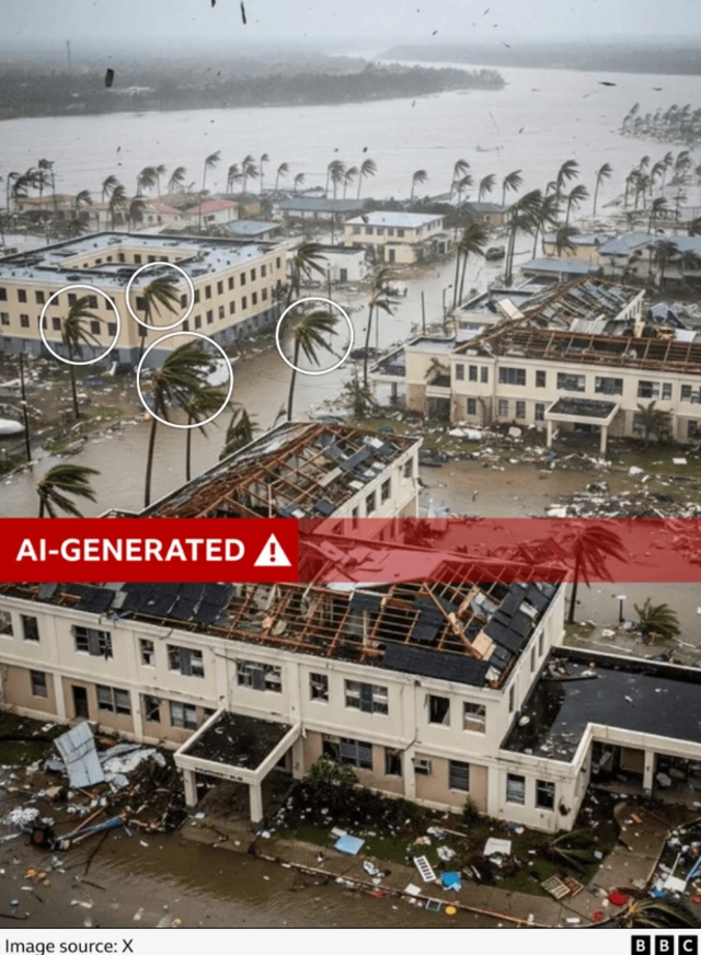 Graphic of the AI image, which shows heavily damaged buildings and palm trees being blown in the same direction. Several trees are highlighted to show the similarity in their appearance.
