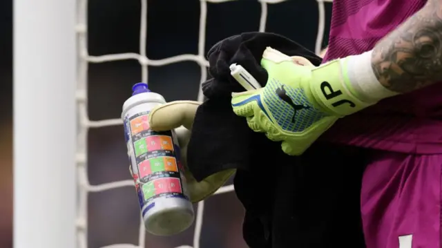 Jordan Pickford's water bottle with details of the opposing team's penalty takers