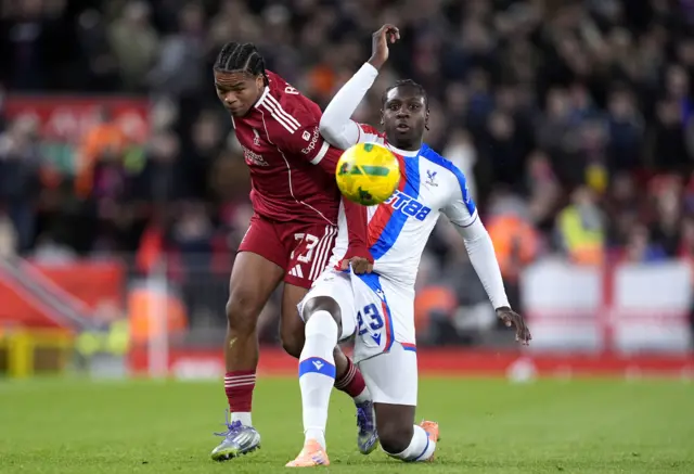 Liverpool's Rio Ngumoha (left) and Crystal Palace's Jaydee Canvot battle for the ball