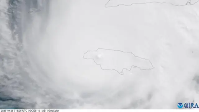 A satellite view shows Hurricane Melissa crossing Jamaica in satellite image