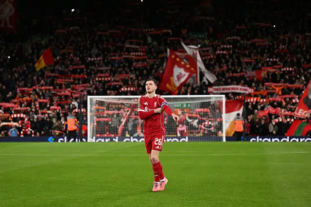 Andrew Robertson of Liverpool adjusts the captain's armband prior to kick off during the Carabao Cup Fourth Round match between Liverpool and Crystal Palace at Anfield on October 29, 2025 in Liverpool, England.